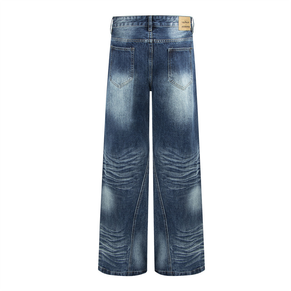 Men's Wide-Leg Jeans – Washed Dark Blue Denim with Stud Trim & Wavy Whisker