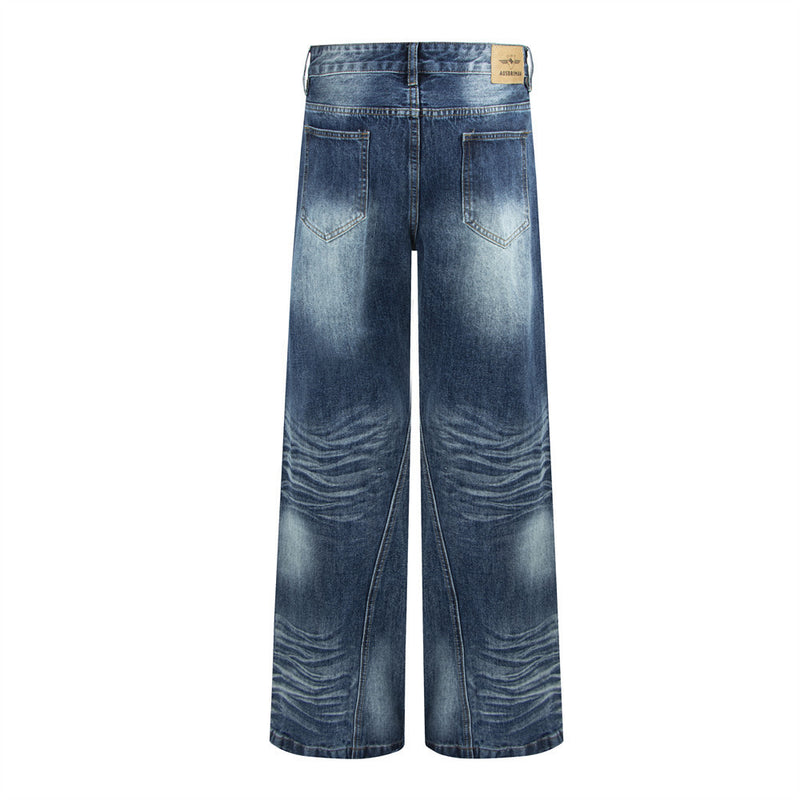 Men's Wide-Leg Jeans – Washed Dark Blue Denim with Stud Trim & Wavy Whisker
