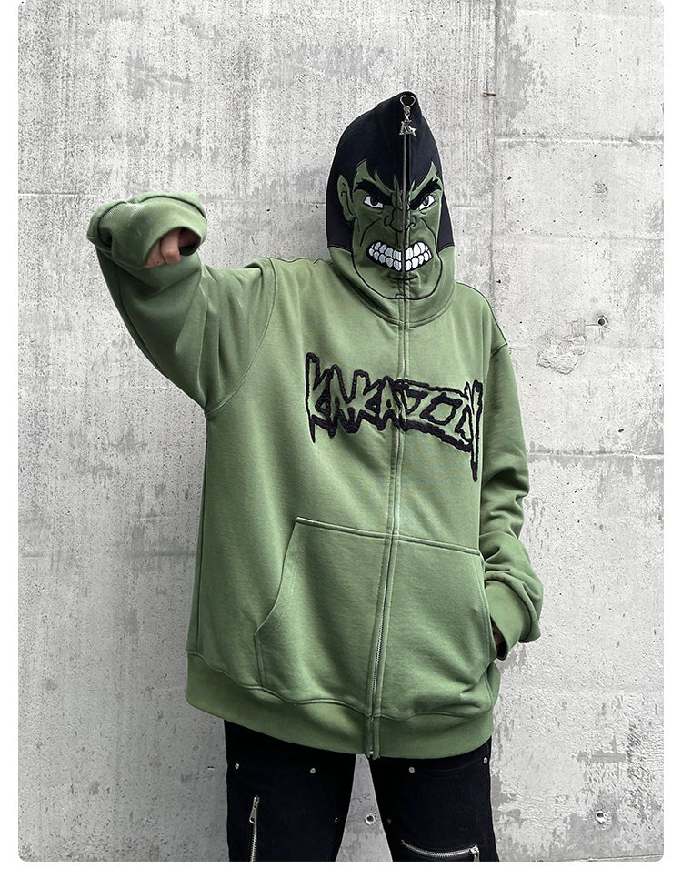 Hulk-Inspired Hoodie - 400GSM Oversized Green Zip-Up Superhero Sweatshirt