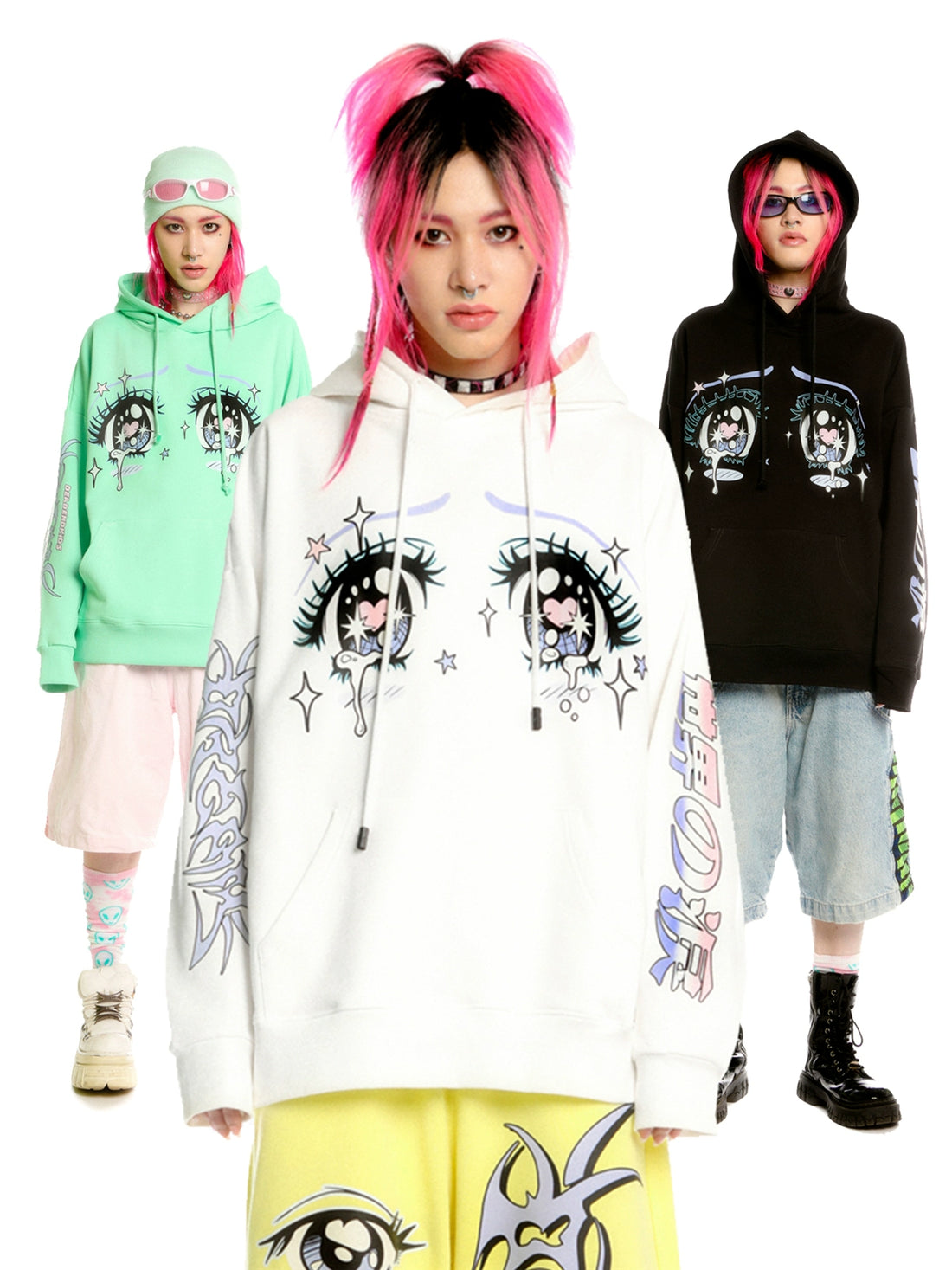 Kawaii Aesthetic Crying Eyes Hoodie – Pastel &amp; Dark Anime Pullover with Sleeve Graphics