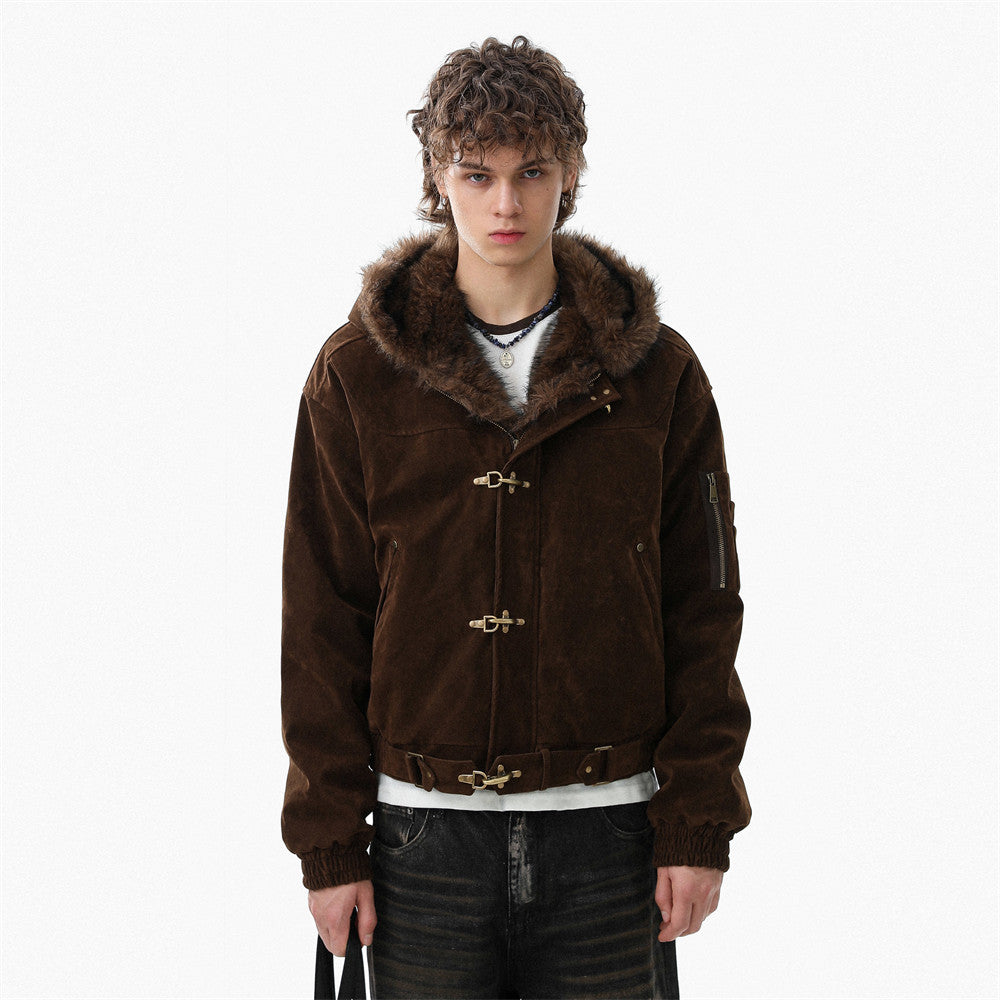 Faux mink fur-trimmed hooded bomber jacket with toggle clasps in deep brown, worn open over a white tee and dark jeans
