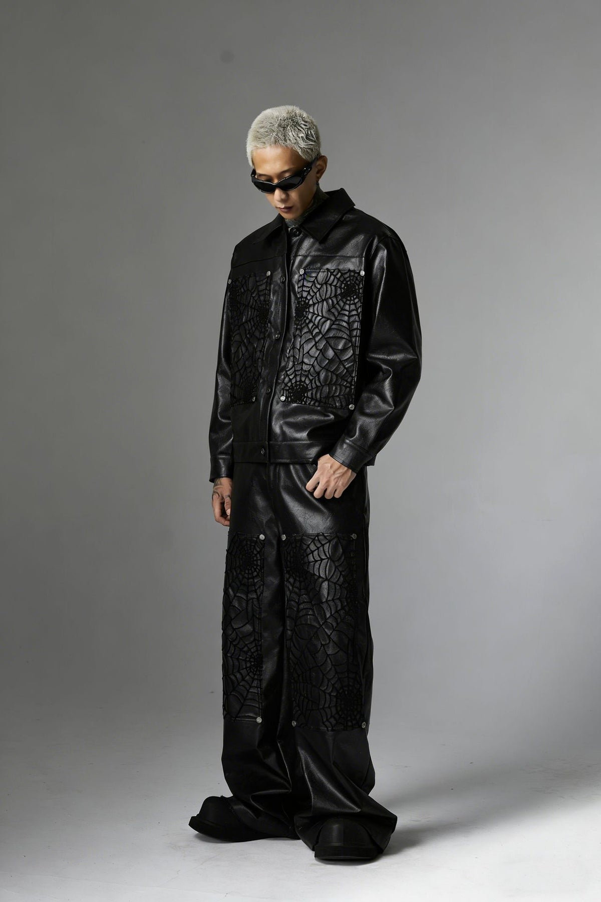 Spiderweb Embroidered PU Leather Jacket – Oversized Moto Fit