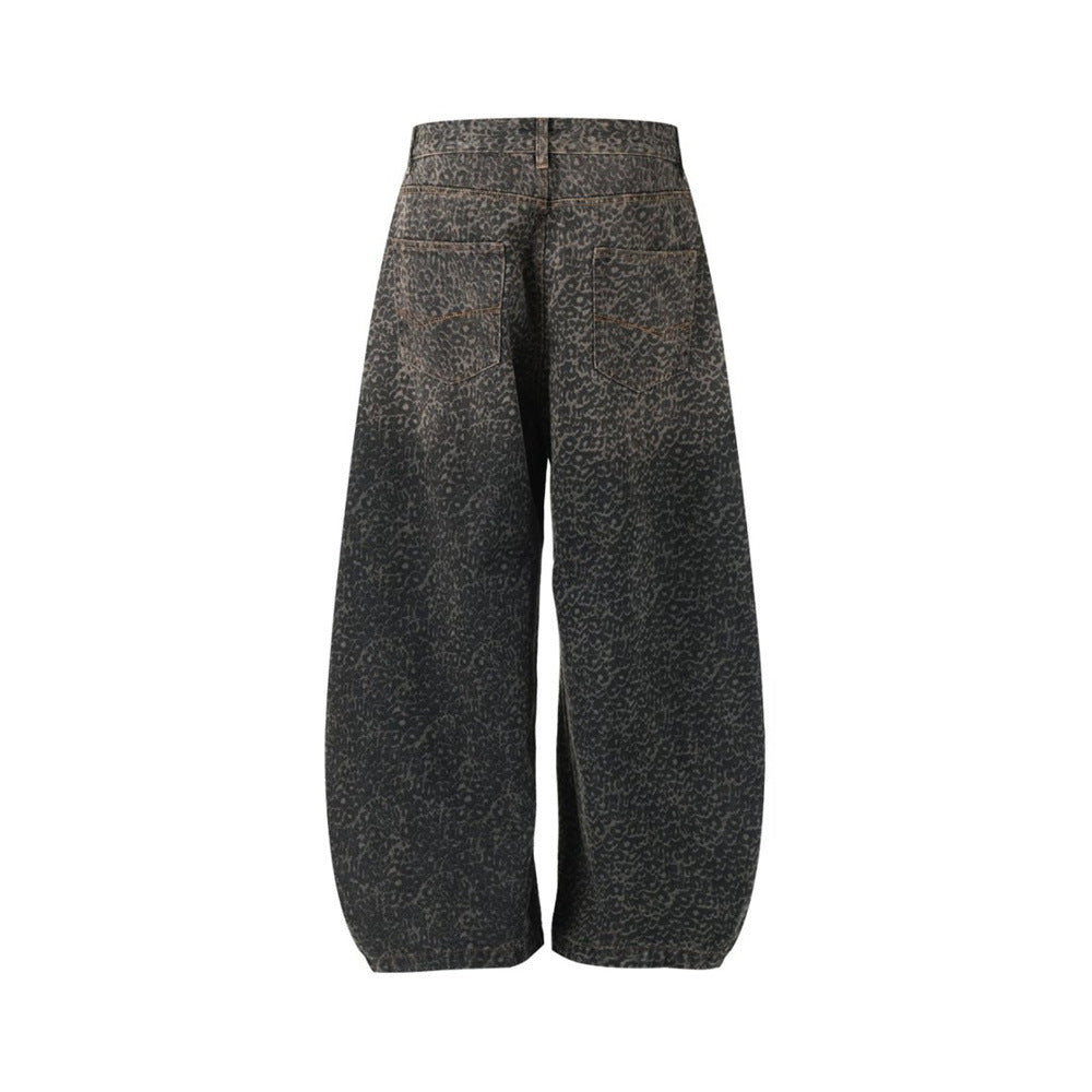 Leopard Print Wide-Leg Baggy Jeans – Oversized Curved Denim Pants