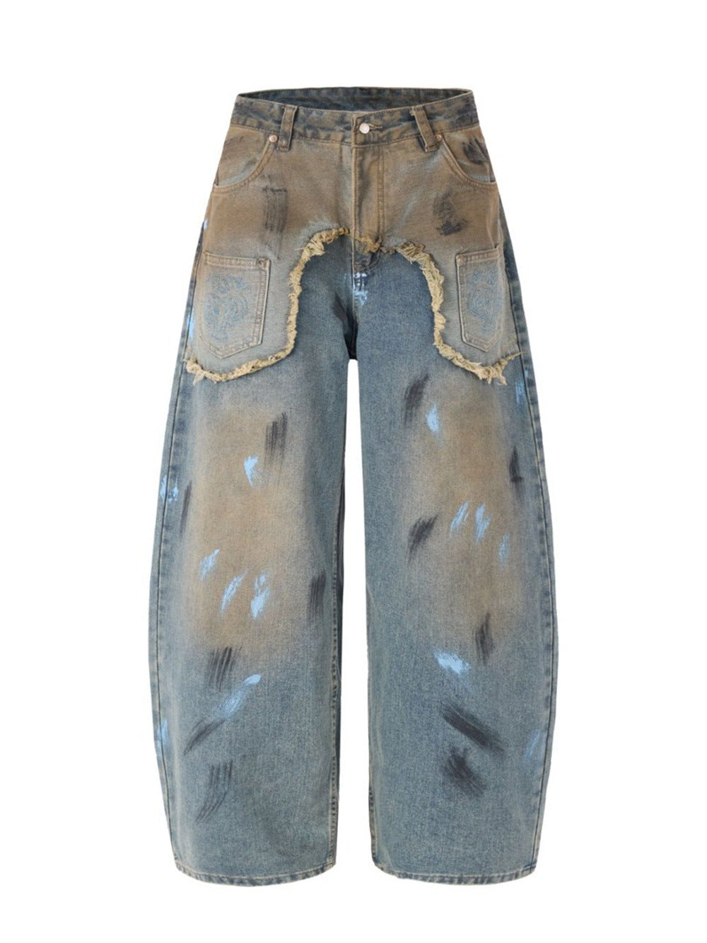 Baggy Jeans with Paint Splatter Patchwork & Distressed Raw-Edge Detail