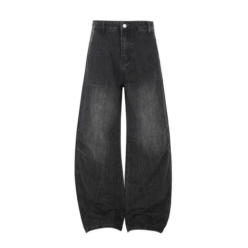 Oversized Baggy-Jeans für Herren mit Barrel-Leg-Schnitt aus verwaschenem schwarzem Denim, geschwungener weiter Silhouette und aufgesetzten Fronttaschen