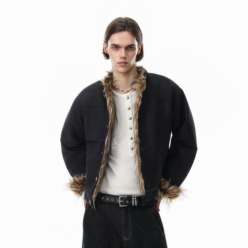 Faux Fur Trim Stand Collar Padded Jacket – Relaxed Fit Men's Winter Coat