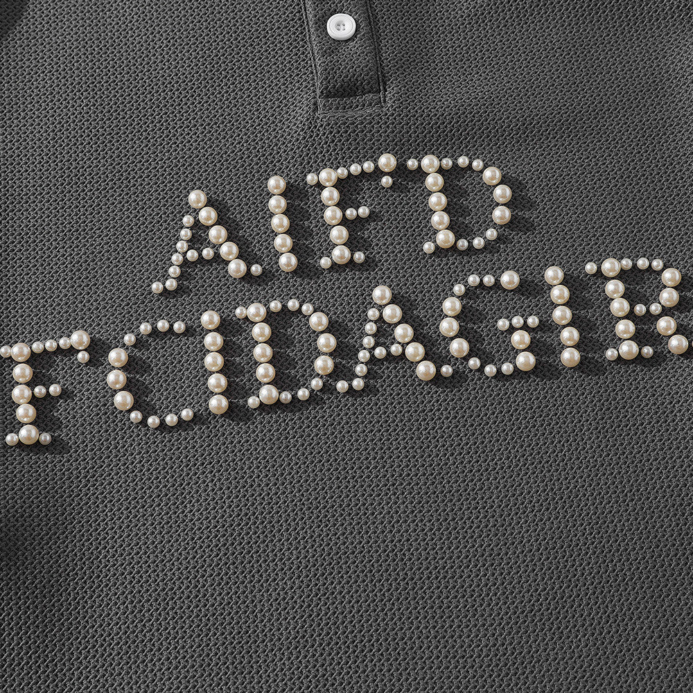 Men's Faux-Layered Polo Sweatshirt with Pearl Stud Letters and Striped Collar