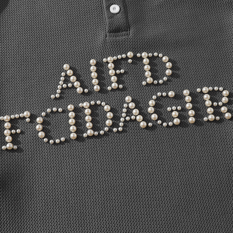 Men's Faux-Layered Polo Sweatshirt with Pearl Stud Letters and Striped Collar