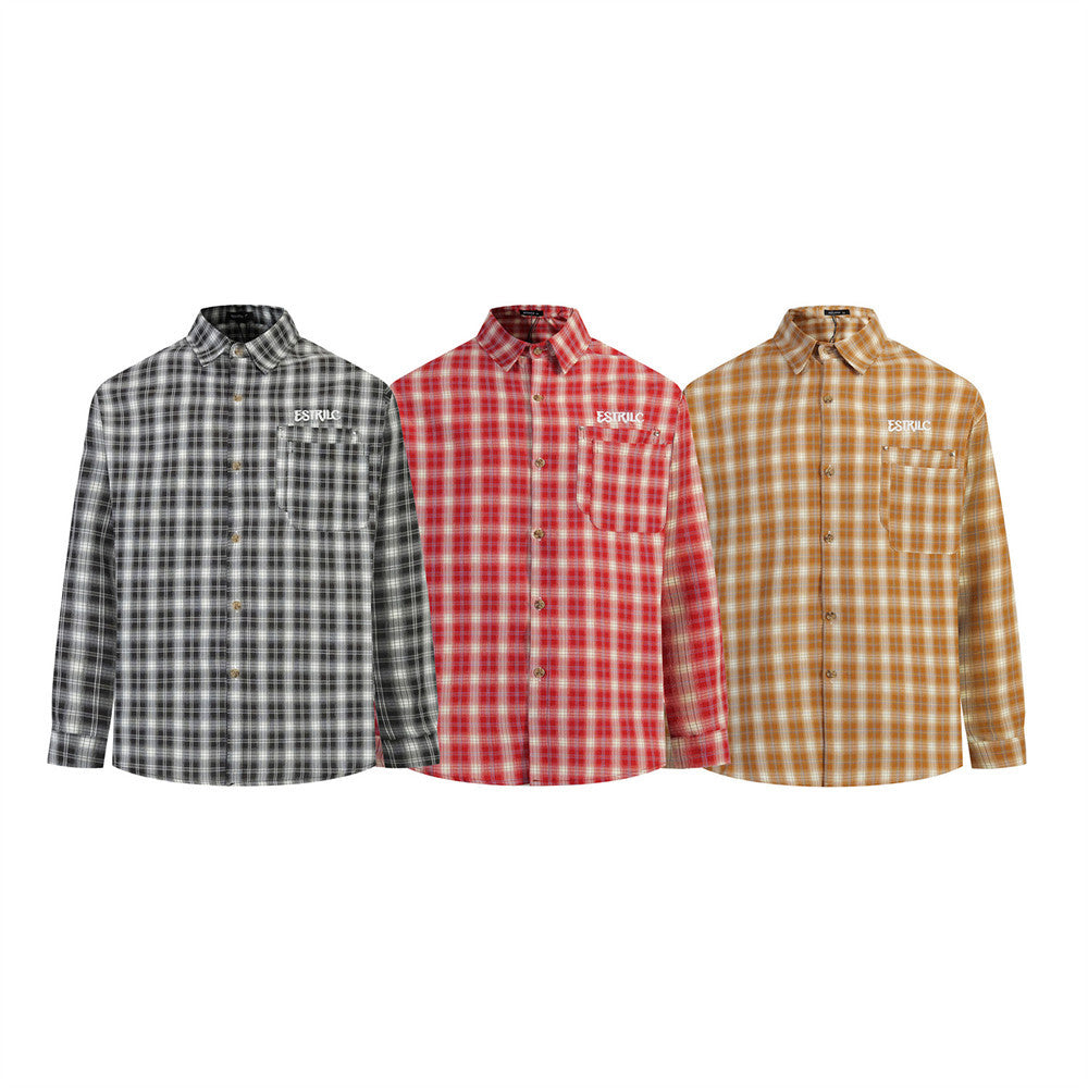Three plaid button-down shirts in black, red, and tan with chest logos