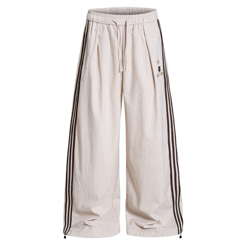 Pantalon de survêtement pour homme à jambes larges, avec trois bandes latérales et taille élastique à cordon, crème et bleu marine
