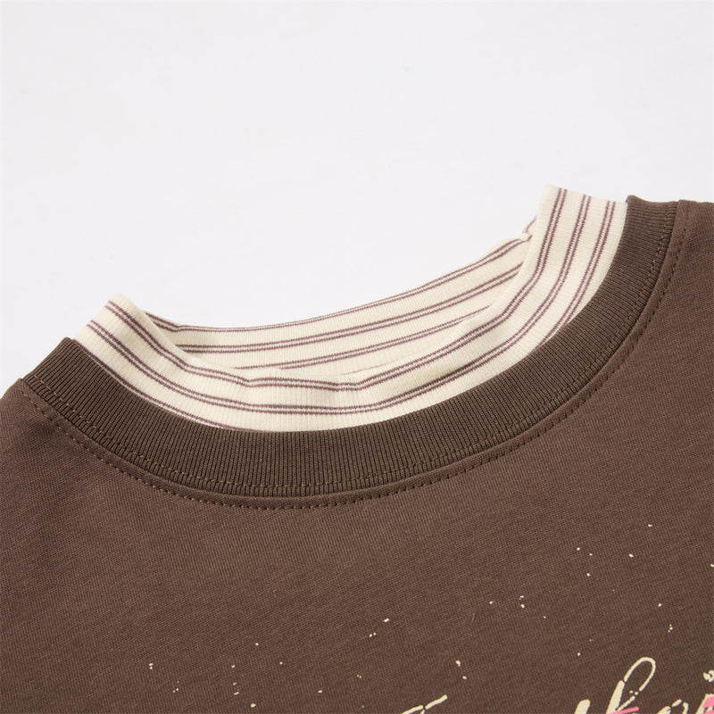 Glitch Mode Faux Two-Piece Long Sleeve Graphic Tee – Striped Layer Oversized Fit
