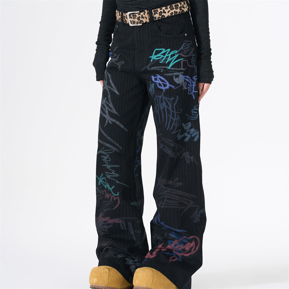 Graffiti Print Pinstripe Wide-Leg Jeans – Relaxed Straight Fit