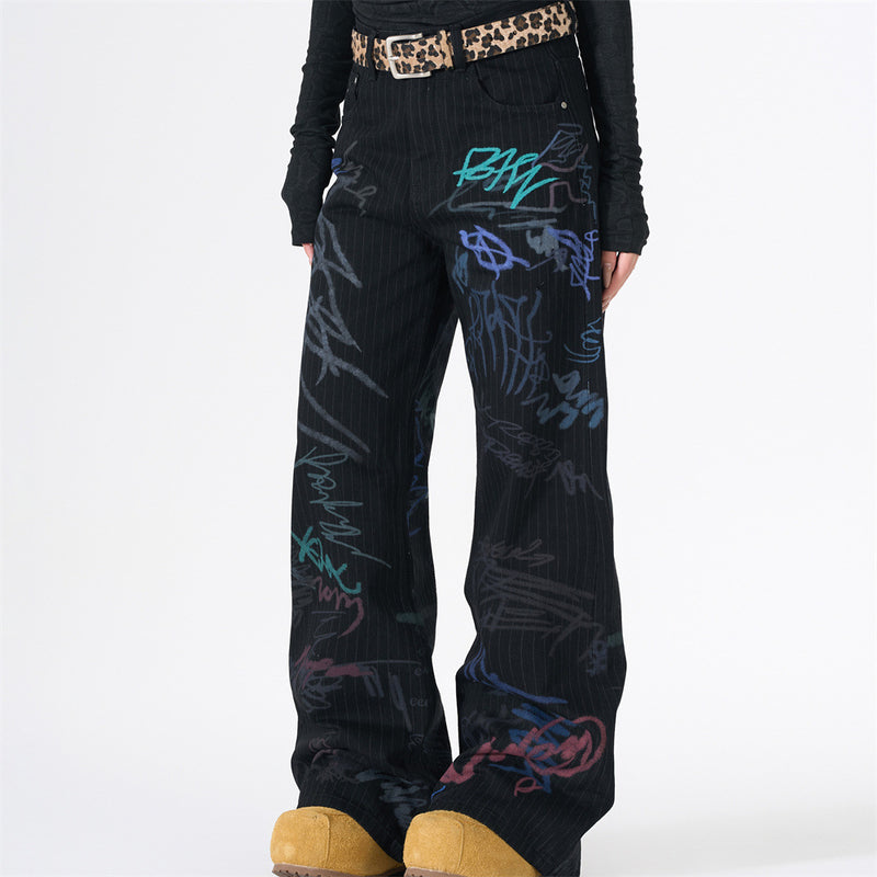 Graffiti Print Pinstripe Wide-Leg Jeans – Relaxed Straight Fit