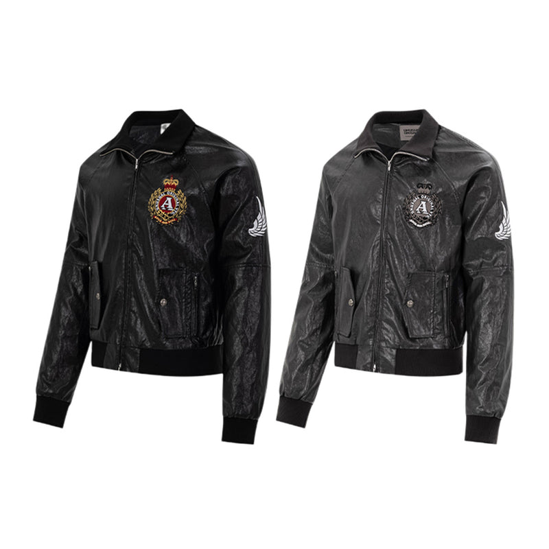 Blouson bomber en similicuir PU brodé – Style vintage racing et flight américain