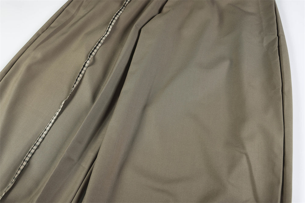 Wide-Leg Trousers with Gingham Fold-Over Waistband – Relaxed Drape Dress Pants