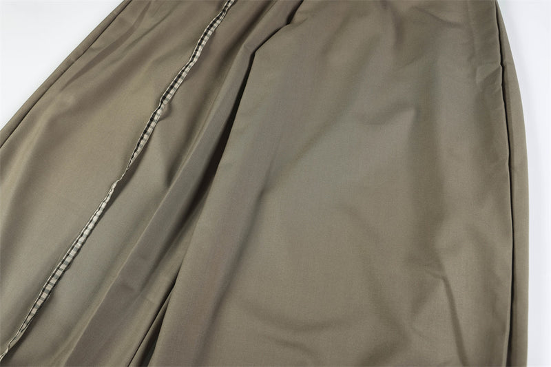 Wide-Leg Trousers with Gingham Fold-Over Waistband – Relaxed Drape Dress Pants