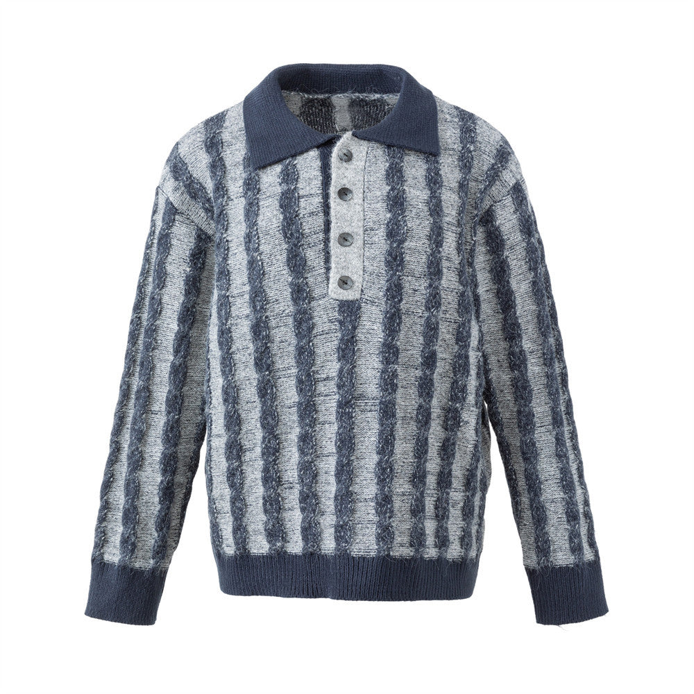 Men's navy and grey vertical stripe jacquard knit polo sweater with half-button placket and ribbed collar, front and back vie