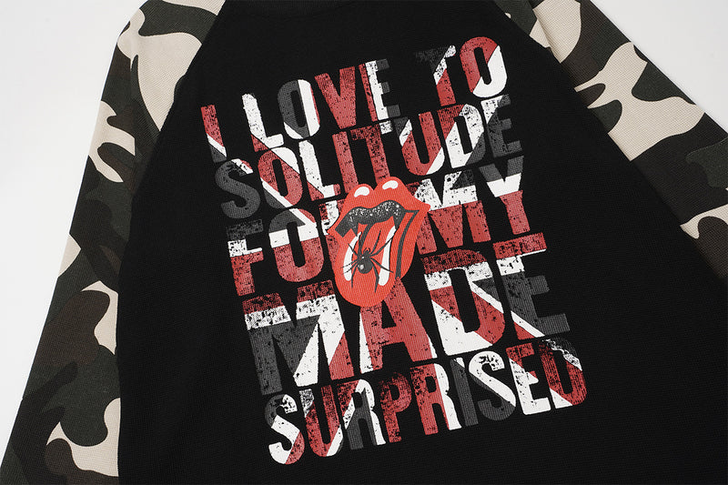 Baggy Long Sleeve Shirt – Camo Raglan Sleeves & Vintage Rock Graphic