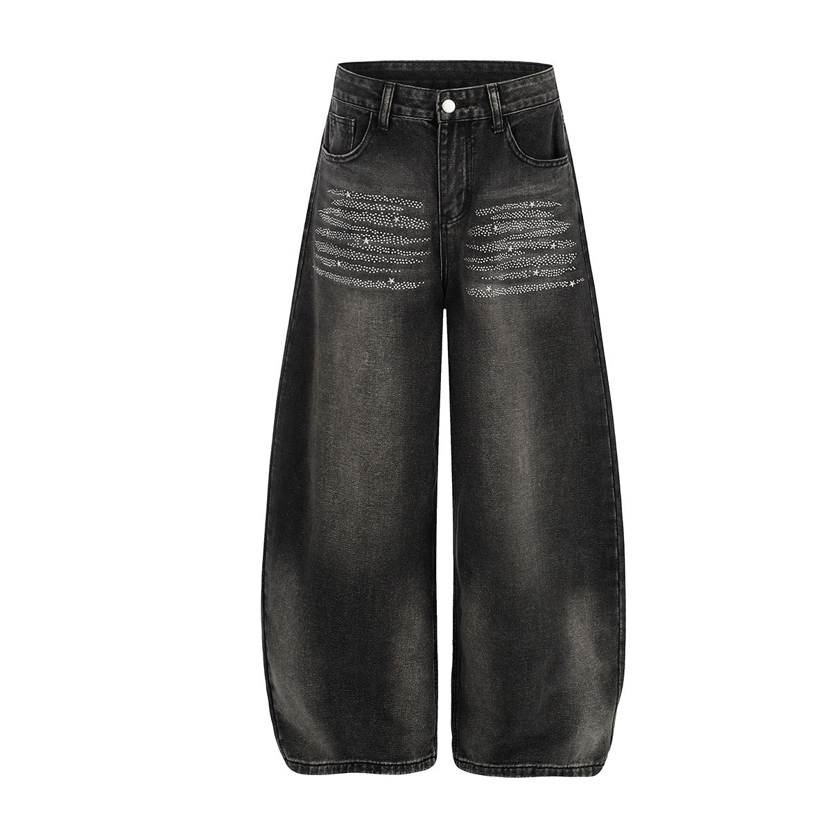 Jean baggy taille haute – Denim barrel à jambes larges avec étoiles en strass