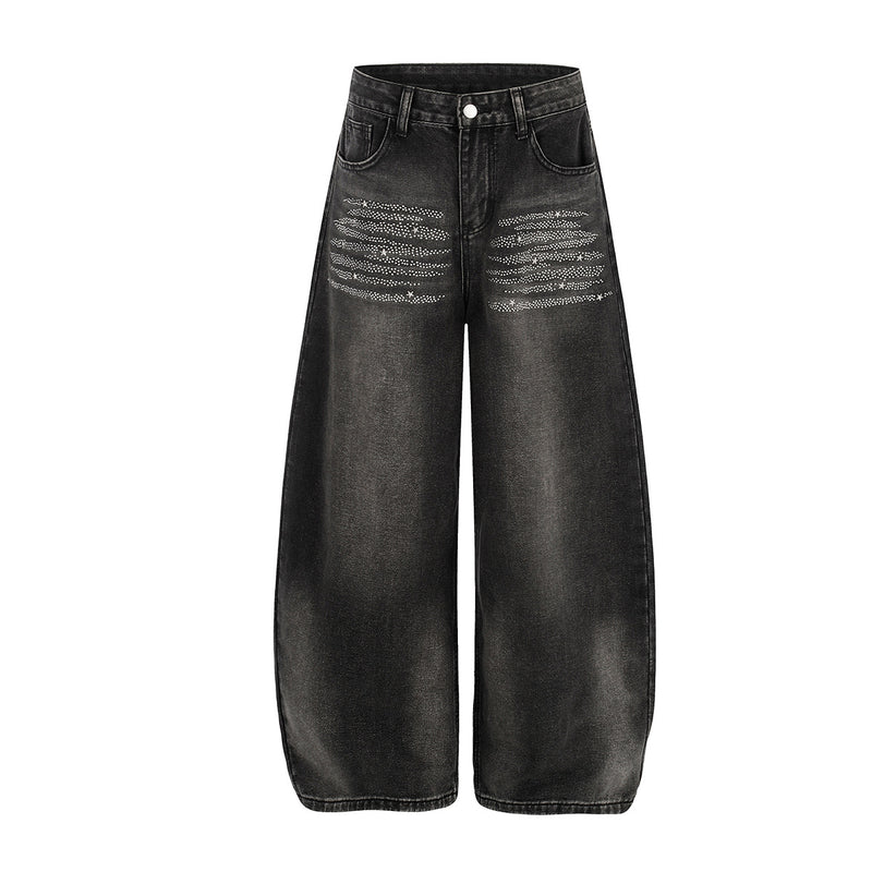 Jean baggy taille haute – Denim barrel à jambes larges avec étoiles en strass