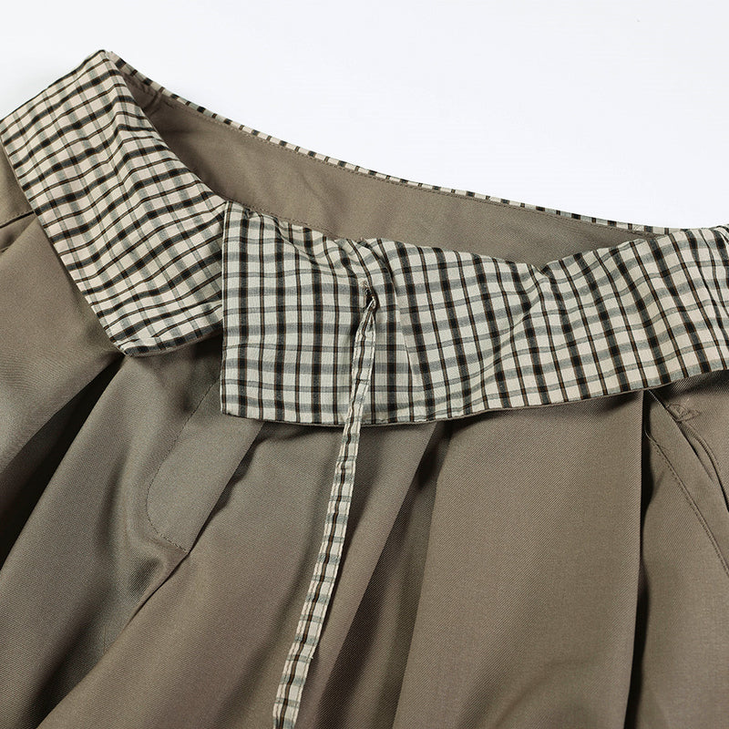 Wide-Leg Trousers with Gingham Fold-Over Waistband – Relaxed Drape Dress Pants