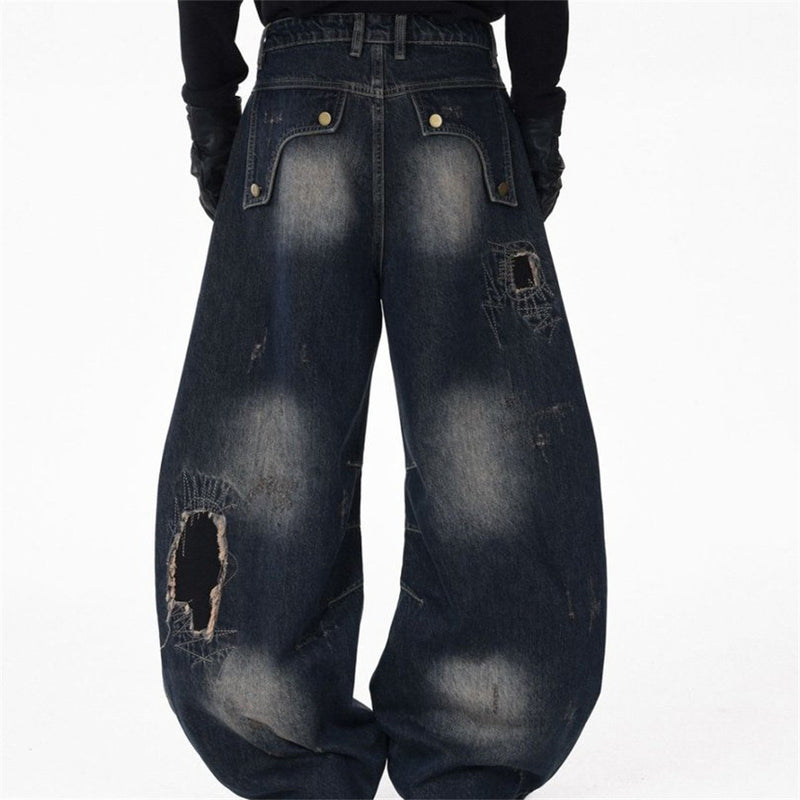 Distressed Patchwork Wide-Leg Jeans – Baggy Ripped Denim with Washed Finish