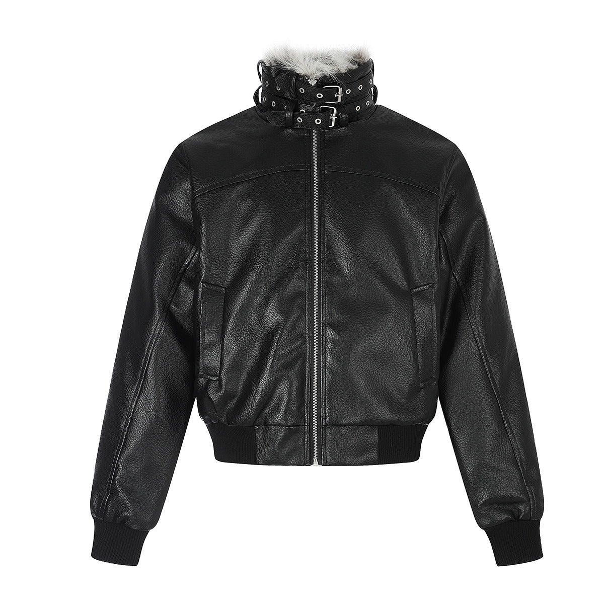 Faux Leather Bomber Jacket with Fur Collar and Buckle Detail