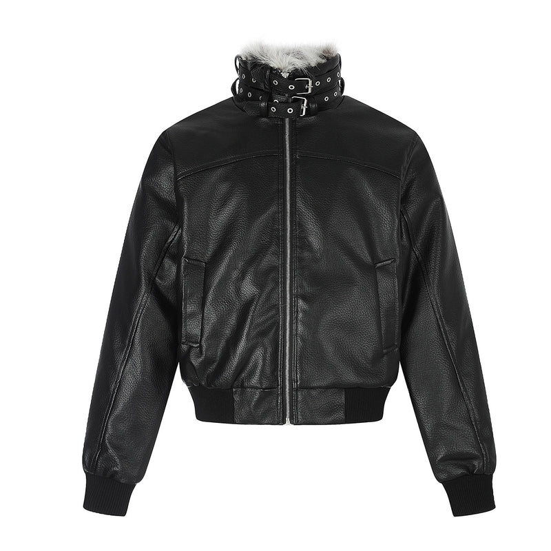 Faux Leather Bomber Jacket with Fur Collar and Buckle Detail