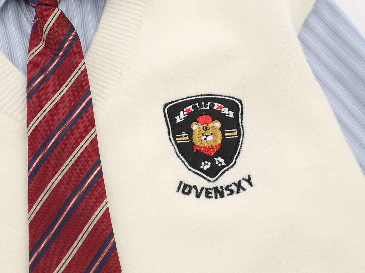 Campus-Style Knit Sweater Vest Layered Shirt with Badge Patch and Striped Tie