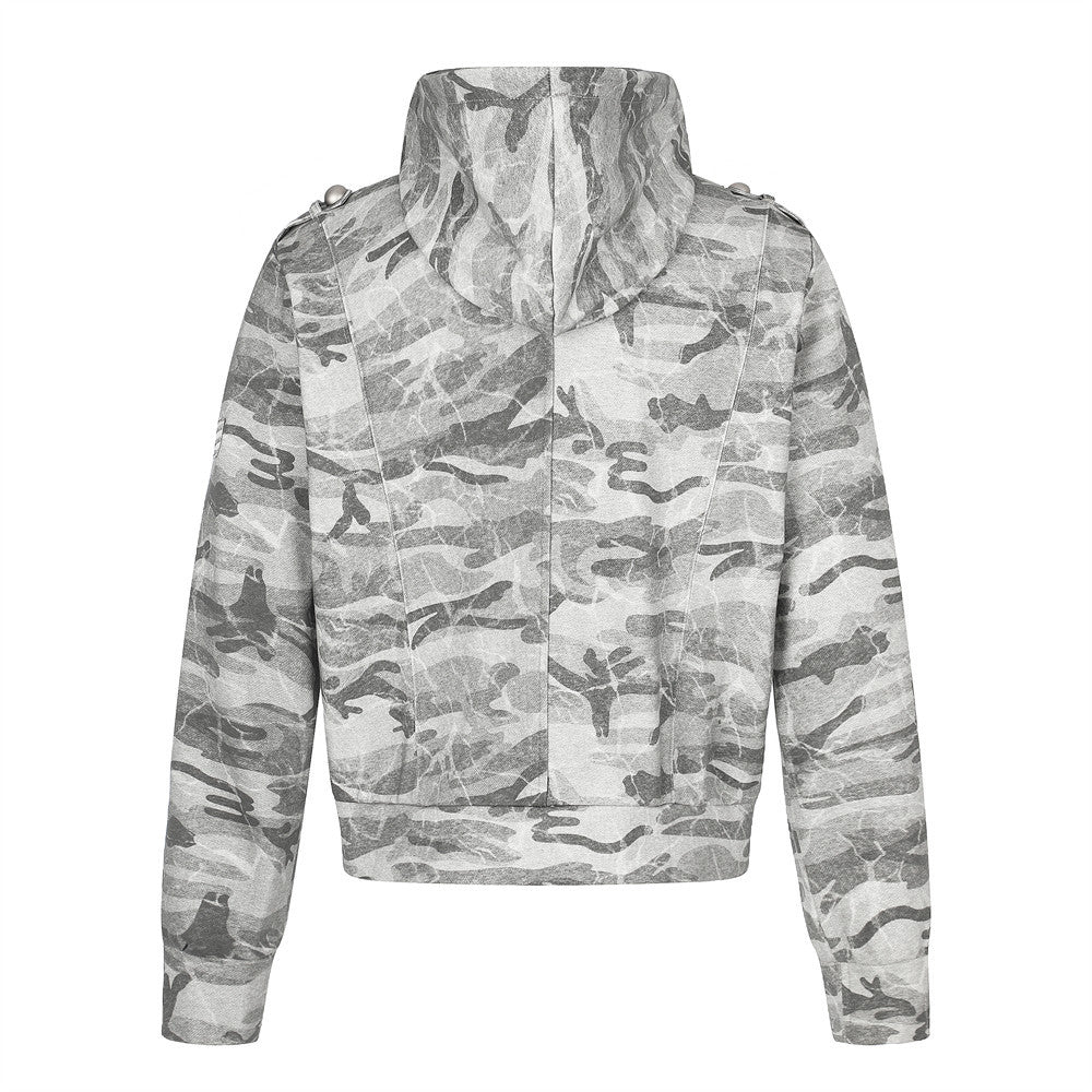 Punk Vintage Camo Zip-Up Hoodie Jacket with Military Buttons
