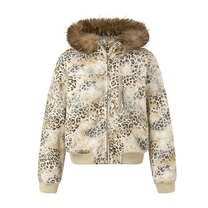 Fur-Trim Hood Bomber Jacket – Camo & Leopard Print Padded Outerwear