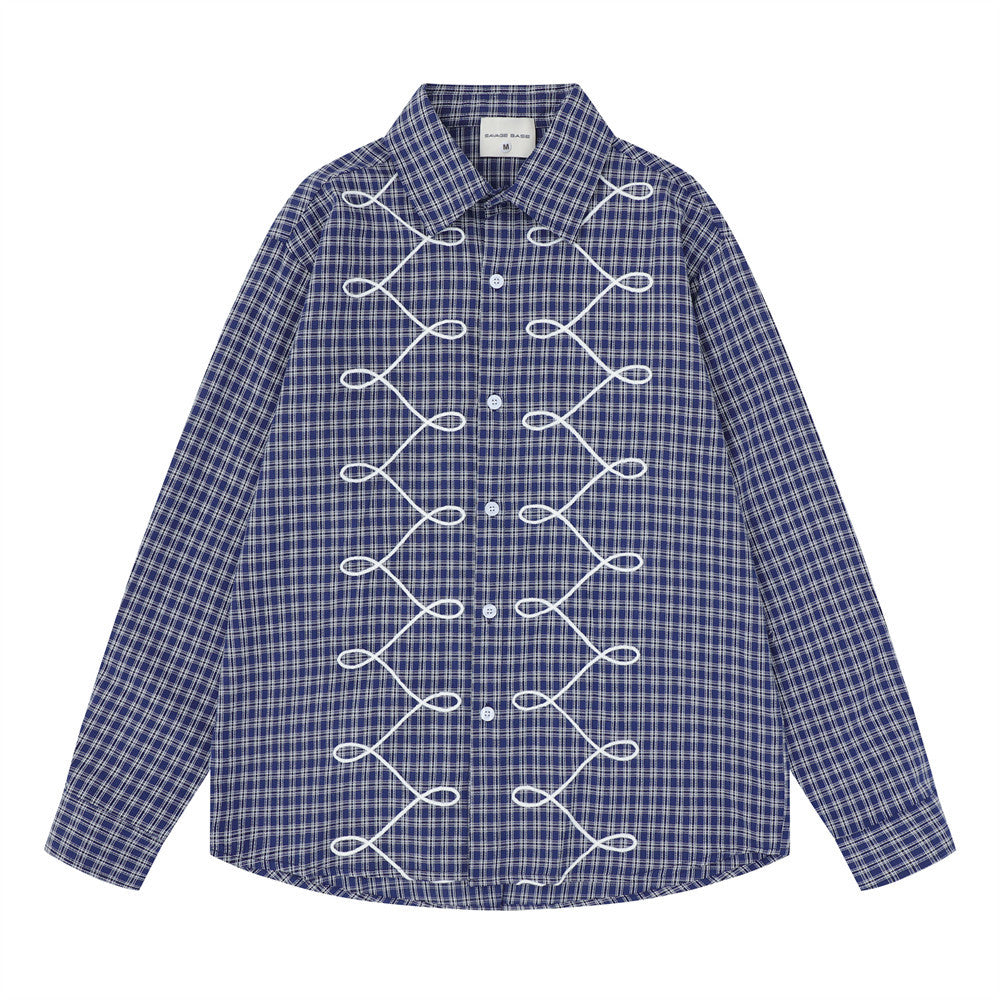 Men's Plaid Long Sleeve Shirt with Rope Loop Embroidery — Relaxed Fit