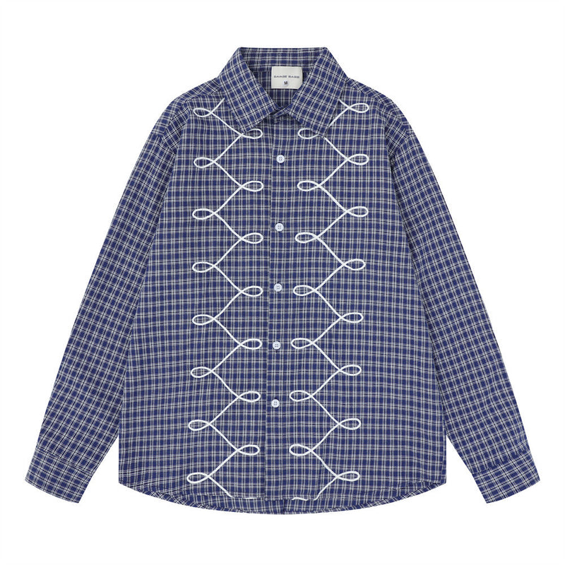 Men's Plaid Long Sleeve Shirt with Rope Loop Embroidery — Relaxed Fit