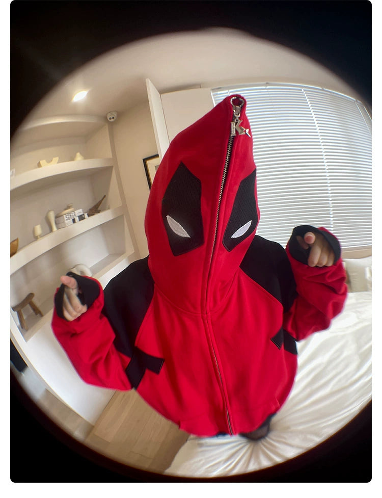 Deadpool-Inspired Hoodie - 400GSM Oversized Red and Black Zip-Up Superhero Sweatshirt