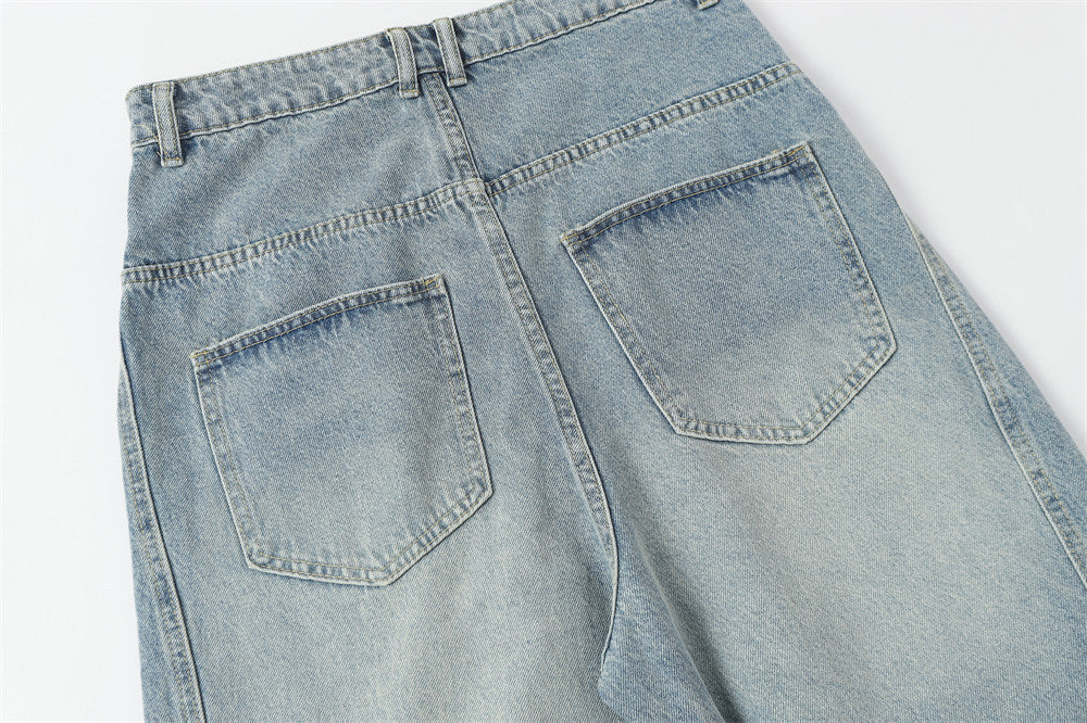 Men's Wide Leg Barrel Jeans – Diagonal Button Fly, Vintage Washed Denim