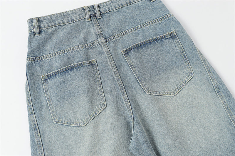 Men's Wide Leg Barrel Jeans – Diagonal Button Fly, Vintage Washed Denim