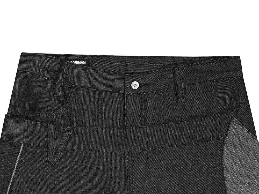 Jean homme en denim brut à jambes larges – Double ceinture, empiècements et silhouette incurvée