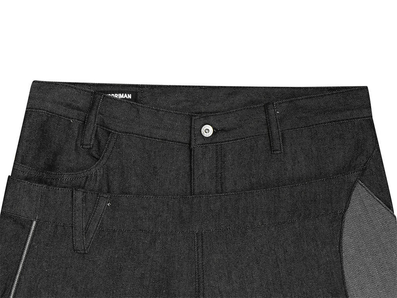 Jean homme en denim brut à jambes larges – Double ceinture, empiècements et silhouette incurvée
