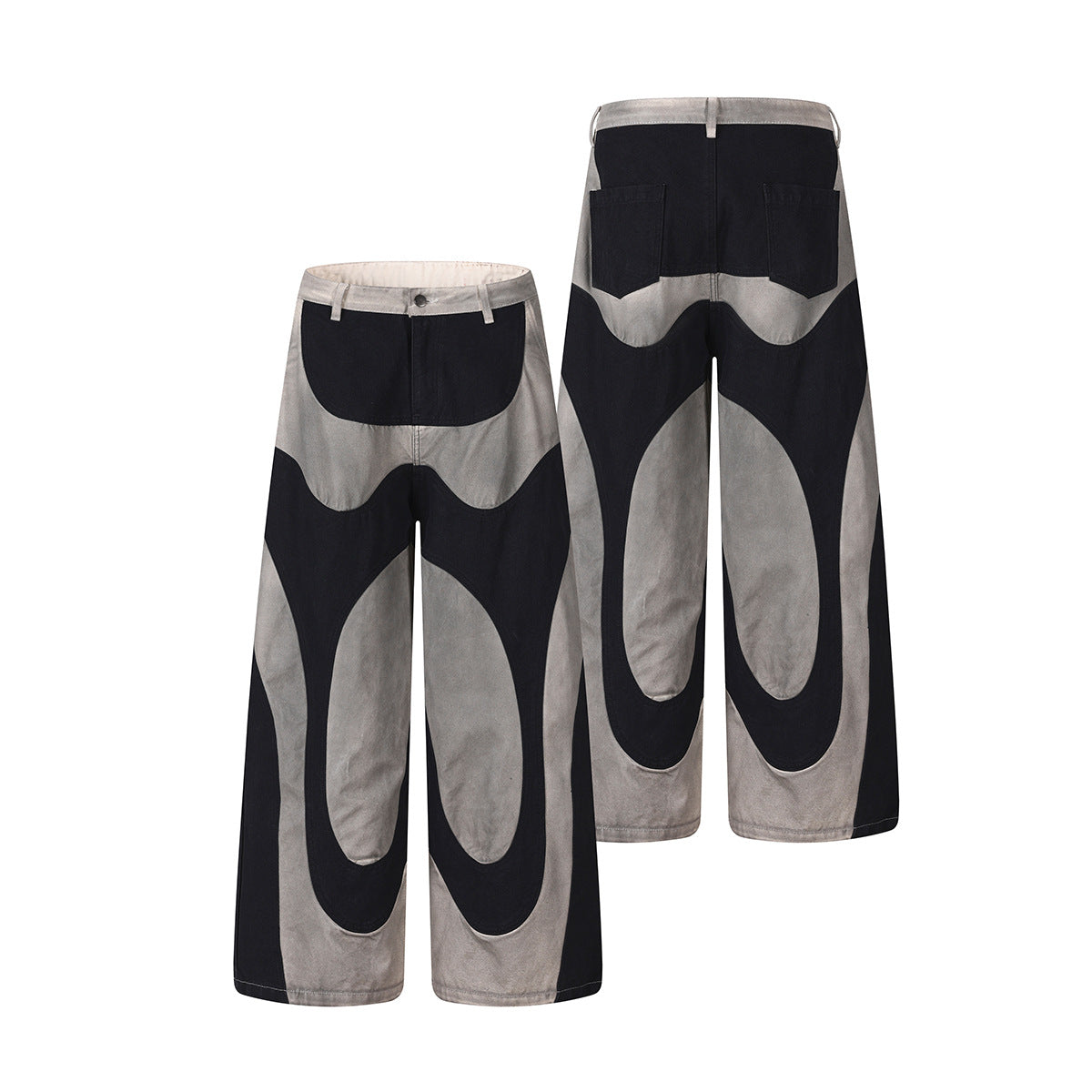 Wide-Leg-Patchworkhose – abstraktes Wellenmuster aus zweifarbigem, schwarz-grauem Washed-Denim
