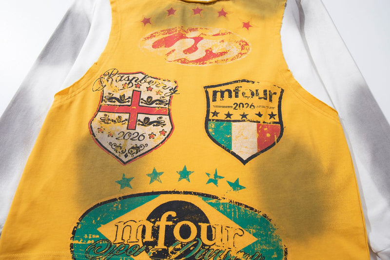 Tee-shirt graphique à manches longues imitation deux pièces – Imprimé écusson rétro streetwear