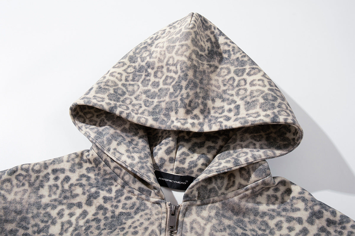 Hoodie zippé à imprimé léopard – Style streetwear américain vintage