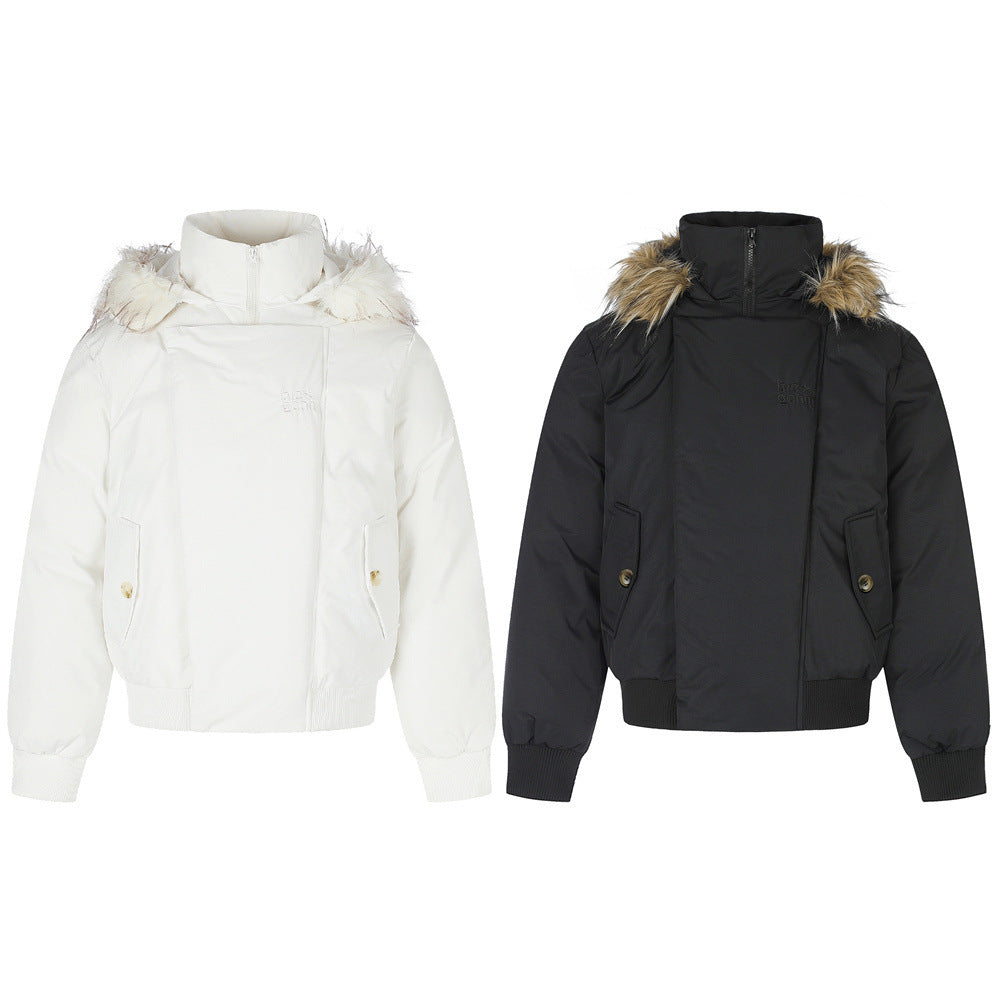 Fur-Trim Hooded Bomber Down Jacket – Oversized Fit with Stand Collar