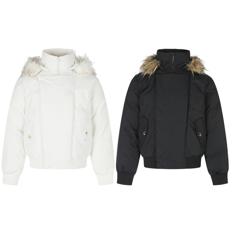 Fur-Trim Hooded Bomber Down Jacket – Oversized Fit with Stand Collar
