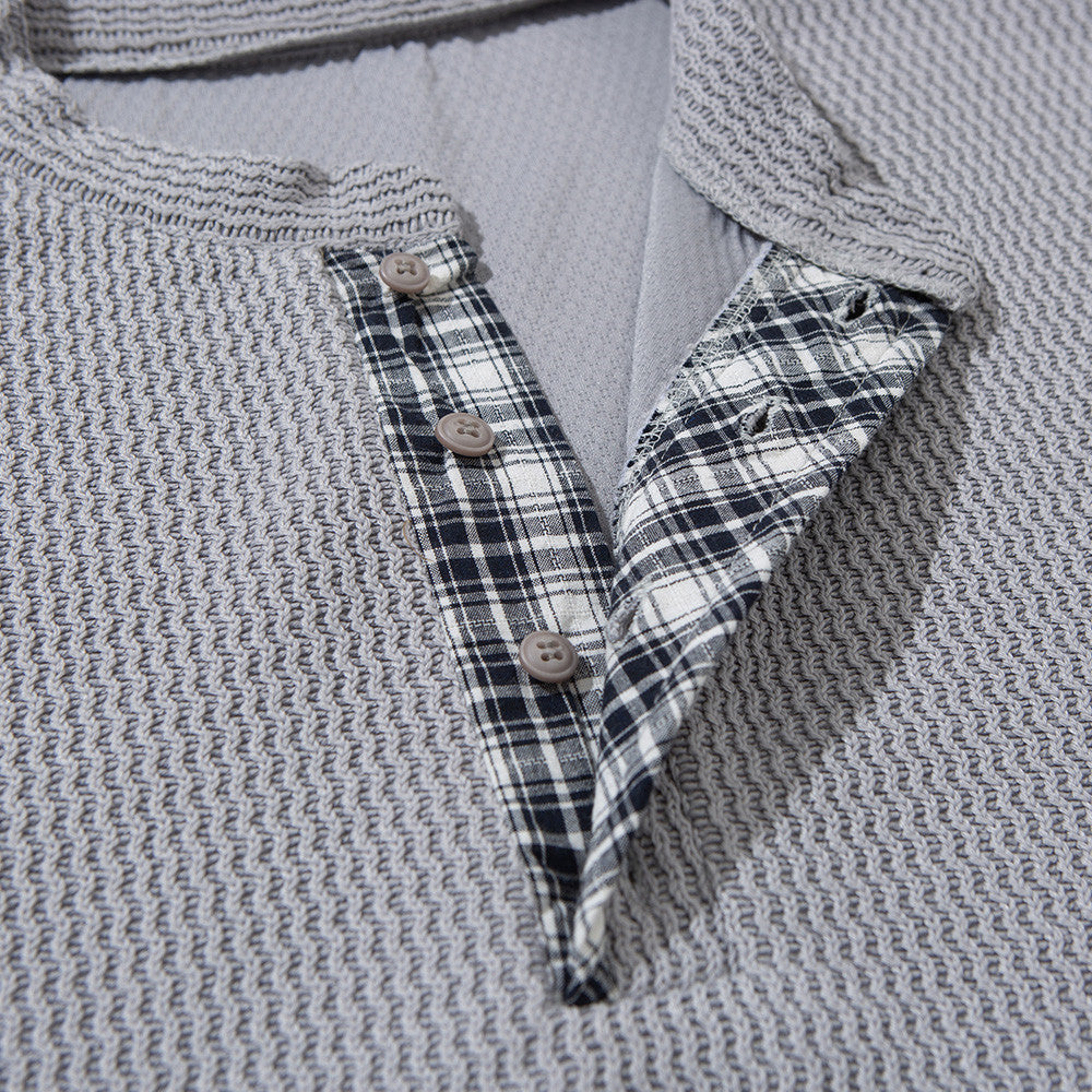 Men's Long Sleeve Waffle-Knit Henley Shirt with Drawstring Hem