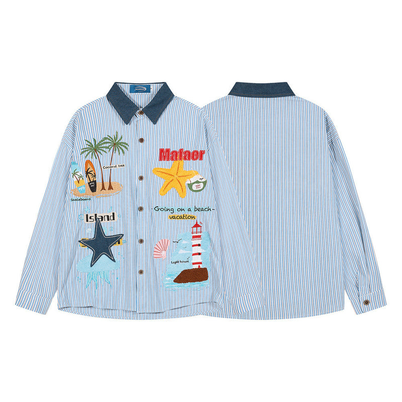 Blue Striped Button-Down Shirt with Beach Embroidery & Denim Collar
