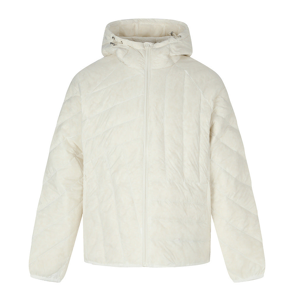 Men's Hooded Puffer Jacket – Irregular Quilted Stitch Design, Ivory & Black