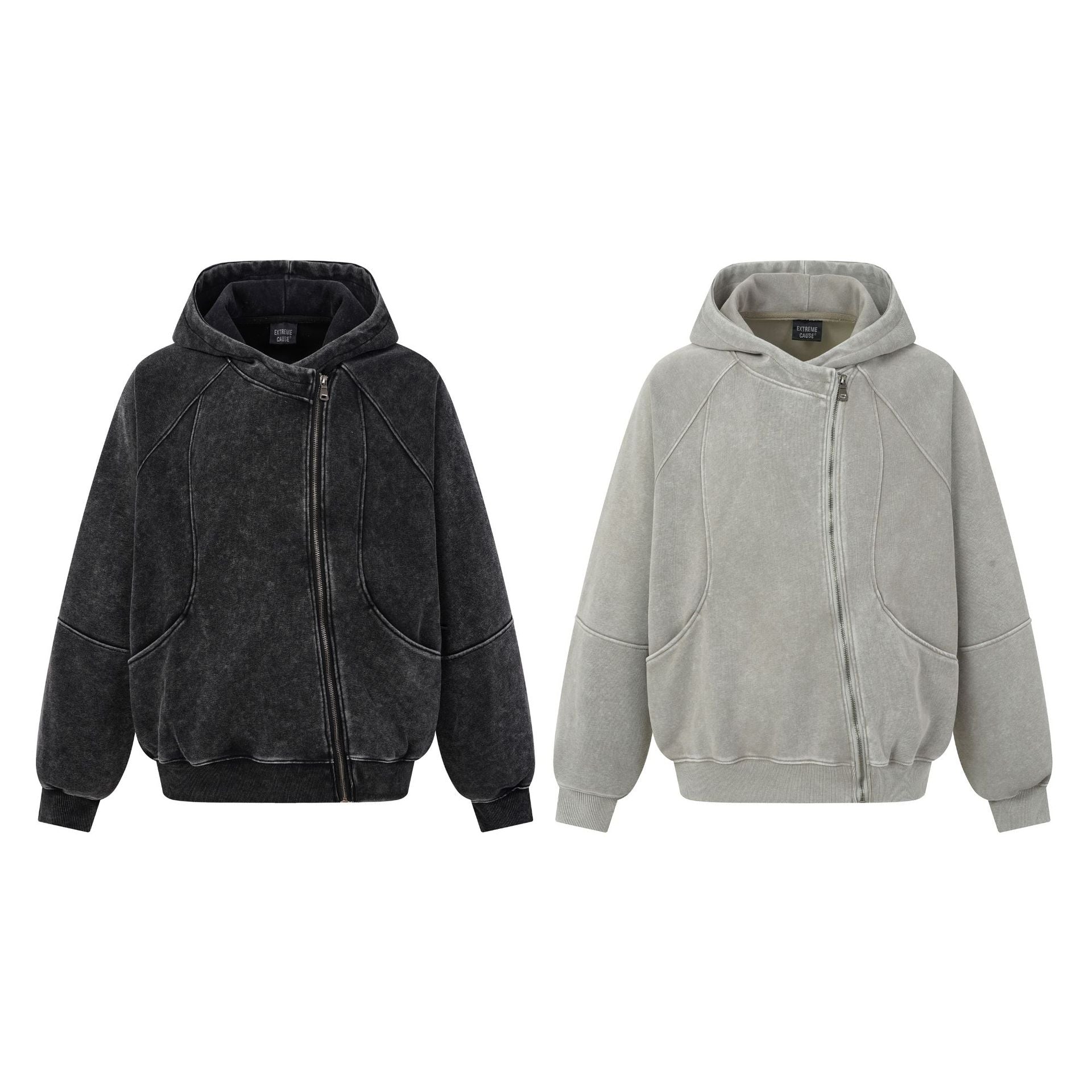 Oversized Acid Wash Zip-Up Hoodie – Deconstructed Streetwear Design