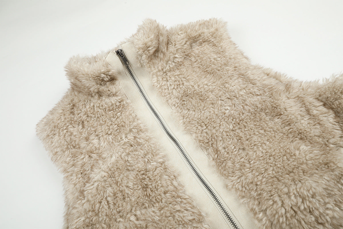 Gilet zippé sans manches en imitation peau lainée à col montant – Polaire teddy