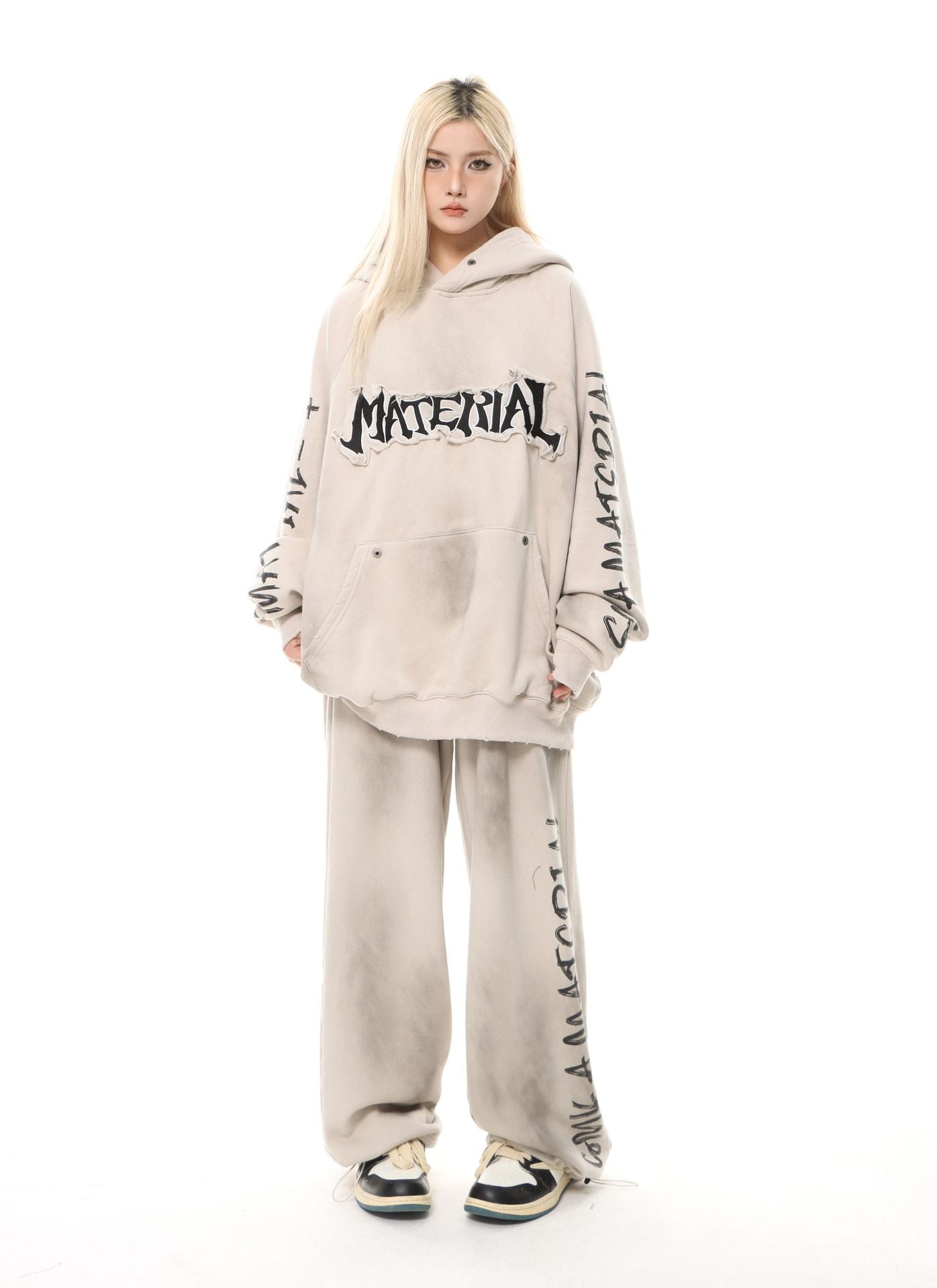 Oversized washed heavy fleece hoodie with gothic MATERIAL embroidered chest patch and sleeve text print in sand beige