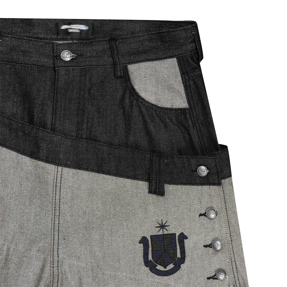 Jean en denim brut à double ceinture et jambes larges – Colorblock diagonal et broderie